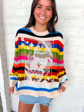 Load image into Gallery viewer, Queen Of Sparkles Multi Striped QOS Card Logo Sweater