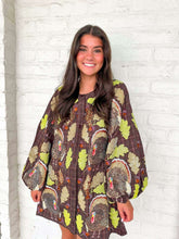 Load image into Gallery viewer, Queen Of Sparkles Brown Plaid Turkey &amp; Leaves Button Up Long Sleeve Dress
