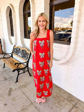 Load image into Gallery viewer, Queen Of Sparkles Red Multi Beaded Bow Ornament Cotton Midi Dress