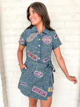Load image into Gallery viewer, Queen Of Sparkles LSU Denim Multi Rhinestone Logo Tie Romper