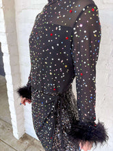 Load image into Gallery viewer, Queen Of Sparkles Black Feather Multi Rhinestone Sequin Romper