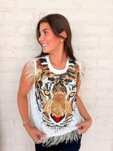 Load image into Gallery viewer, Queen Of Sparkles White Oversized Tiger Feather Trim Tank