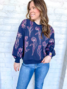 Queen Of Sparkles Navy Flower Outline Sweatshirt