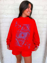 Load image into Gallery viewer, Queen Of Sparkles Red &amp; Light Blue Scattered Jewel Card Sweatshirt