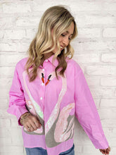 Load image into Gallery viewer, Queen Of Sparkles Pink Striped Sequin Swan Button Up Long Sleeve Top