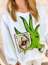 Load image into Gallery viewer, Queen Of Sparkles White &amp; Green Hand Holding QOS Card Sweatshirt