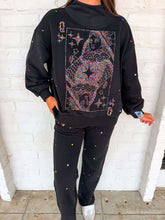 Load image into Gallery viewer, Queen Of Sparkles Black Rainbow Rhinestone QOS Card Logo Mock Neck Sweatshirt