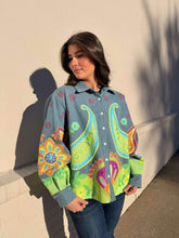 Load image into Gallery viewer, Queen Of Sparkles Denim &amp; Neon Paisley Print Button Up Long Sleeve