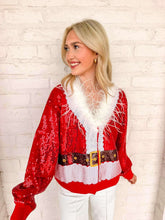 Load image into Gallery viewer, Queen Of Sparkles Red Sequin Feather Trim Santa Sweater