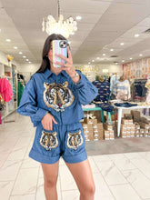 Load image into Gallery viewer, Queen Of Sparkles Denim Cotton Ruffle Tiger Patch Shorts