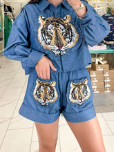 Load image into Gallery viewer, Queen Of Sparkles Denim Cotton Ruffle Tiger Patch Shorts