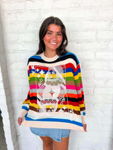 Load image into Gallery viewer, Queen Of Sparkles Multi Striped QOS Card Logo Sweater