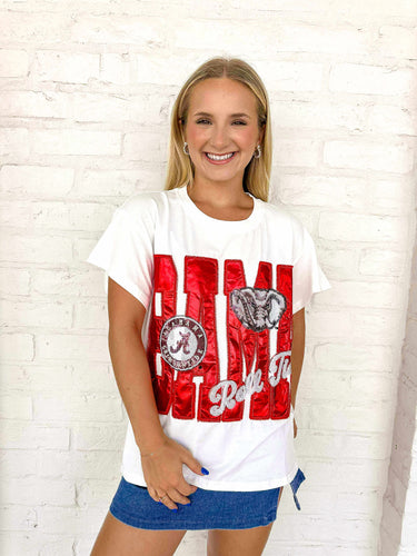 Queen of Sparkles metallic BAMA graphic tee with mini icons and sequin roll tide wording