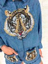 Load image into Gallery viewer, Queen Of Sparkles Denim Cotton Ruffle Tiger Patch Shorts