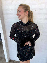 Load image into Gallery viewer, Queen Of Sparkles Black Feather Multi Rhinestone Sequin Romper