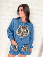 Load image into Gallery viewer, Queen Of Sparkles Denim Cotton Ruffle Tiger Patch Button Up Top