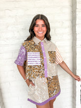Load image into Gallery viewer, Queen Of Sparkles Purple, Yellow, &amp; Tiger Colorblock Sequin Pocket Top