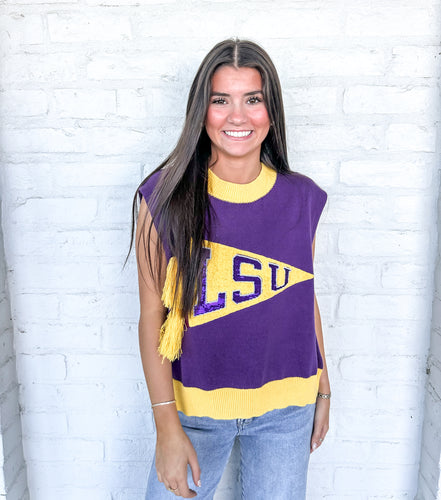 Queen Of Sparkles LSU Pennant Sweater Tank