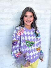 Load image into Gallery viewer, Queen Of Sparkles Lavender &amp; White Diamond Multi Mask Feather Sweater