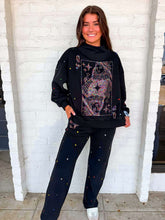 Load image into Gallery viewer, Queen Of Sparkles Black Rainbow Rhinestone QOS Card Logo Mock Neck Sweatshirt