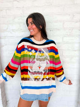 Load image into Gallery viewer, Queen Of Sparkles Multi Striped QOS Card Logo Sweater