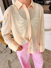 Load image into Gallery viewer, Queen Of Sparkles Beige Silk Rhinestone Skeleton Button Down Top