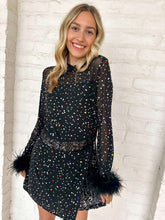 Load image into Gallery viewer, Queen Of Sparkles Black Feather Multi Rhinestone Sequin Romper