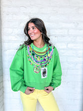 Load image into Gallery viewer, Queen Of Sparkles Bright Green Mardi Gras Beads Sweatshirt