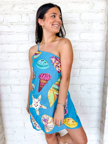 Queen Of Sparkles Aqua Multi Shell One Shoulder Dress