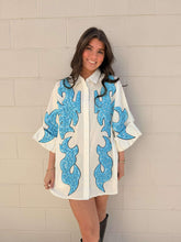 Load image into Gallery viewer, Queen Of Sparkles White &amp; Jeweled Turquoise Button Up Tunic