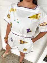 Load image into Gallery viewer, Queen Of Sparkles LSU Mini Icon Embroidered Edge Cotton Top