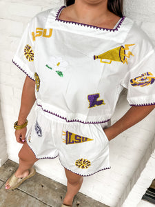 Queen Of Sparkles LSU Mini Icon Embroidered Edge Cotton Top