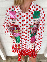Load image into Gallery viewer, Queen Of Sparkles Red &amp; White Polka Dot Metallic Nutcracker Button Up Cotton
Dress