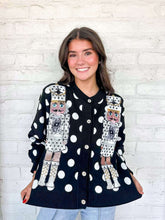 Load image into Gallery viewer, Queen Of Sparkles Black &amp; White Polka Dot Nutcracker Cardigan