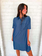 Load image into Gallery viewer, Brunch Date Dark Denim Shirt Dress