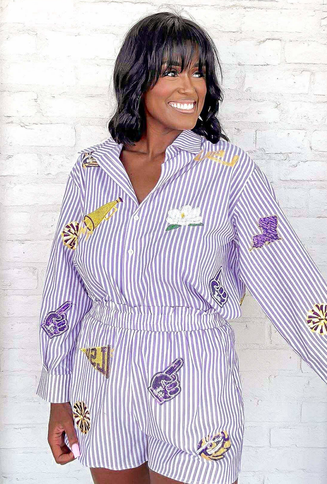 Queen Of Sparkles LSU Mini Icon Striped Shorts