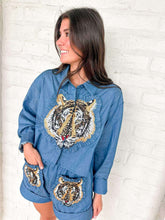 Load image into Gallery viewer, Queen Of Sparkles Denim Cotton Ruffle Tiger Patch Button Up Top