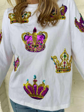 Load image into Gallery viewer, Mardi Gras Crown Jewel &amp; Sequin Long Sleeve Top (front &amp; back)