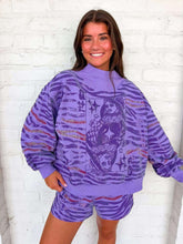 Load image into Gallery viewer, Queen Of Sparkles Purple Sequin Tiger Print QOS Card Mock Neck Sweatshirt