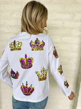 Load image into Gallery viewer, Mardi Gras Crown Jewel &amp; Sequin Long Sleeve Top (front &amp; back)
