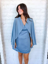 Load image into Gallery viewer, Wrap Me Up Blue Cape Satin Dress