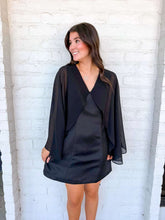 Load image into Gallery viewer, Wrap Me Up Black Cape Satin Dress