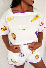 Load image into Gallery viewer, Queen Of Sparkles LSU Mini Icon Embroidered Edge Cotton Top
