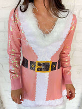 Load image into Gallery viewer, Queen Of Sparkles Pink Sequin Feather Trim Santa Knit Dress
