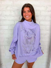 Load image into Gallery viewer, Queen Of Sparkles Lavender Scattered Jewel QOS Card Logo Mock Neck Sweatshirt