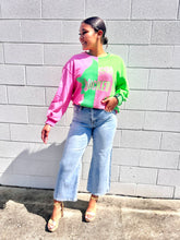 Load image into Gallery viewer, Queen of Sparkles Wicked pink and green color-block sequin sweatshirt