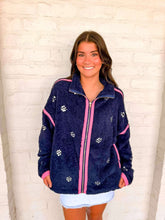 Load image into Gallery viewer, Queen Of Sparkles Navy Rhinestone Zip Up Fleece