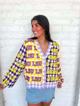Load image into Gallery viewer, Queen Of Sparkles LSU Gingham Sequin Beaded Word Cardigan