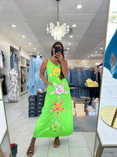 Load image into Gallery viewer, Queen Of Sparkles Lime Green Multi Star Fish Midi Cotton Dress