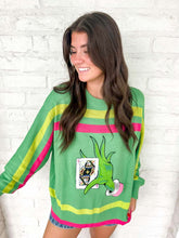 Load image into Gallery viewer, Queen Of Sparkles Green &amp; Pink Hand Holding QOS Card Sweater